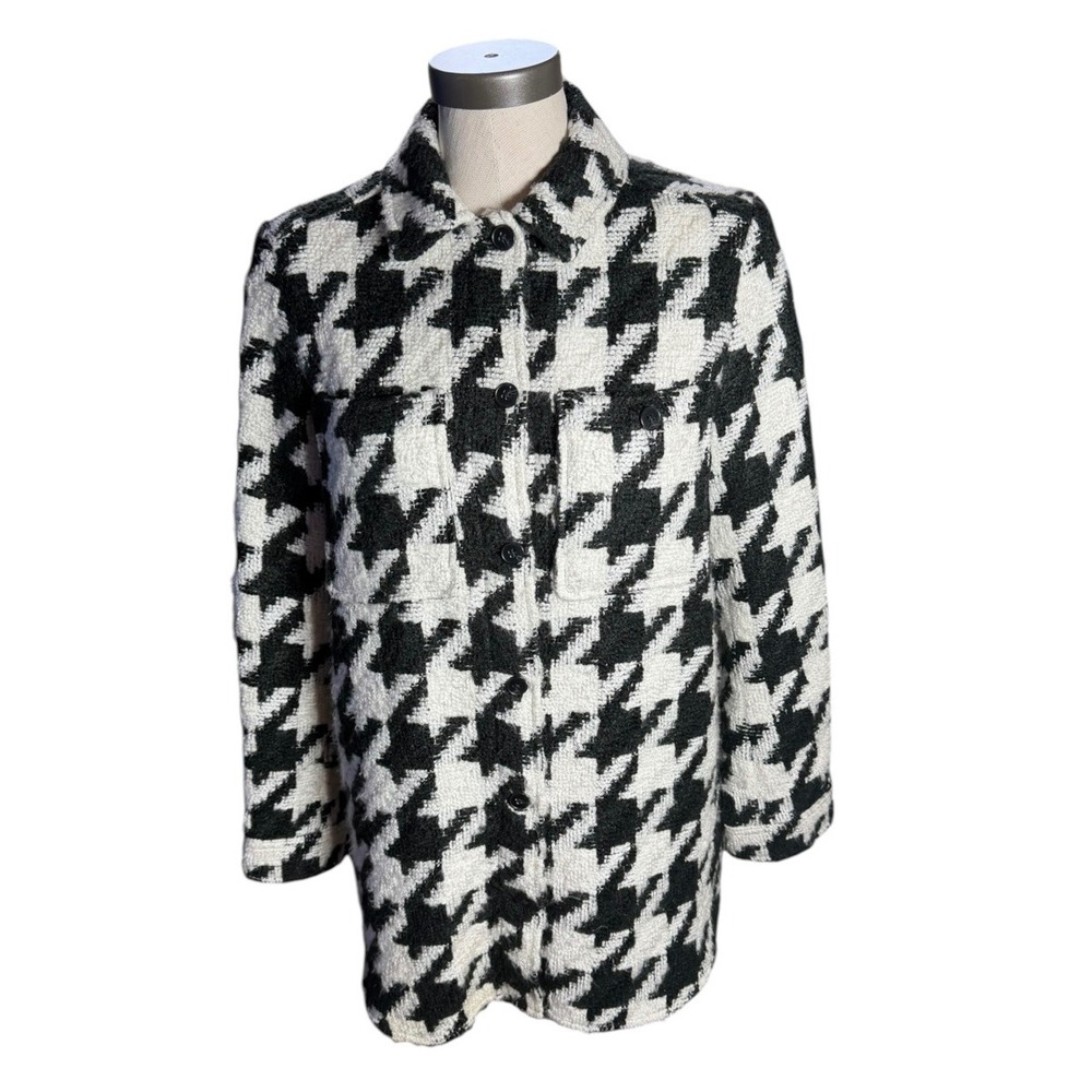 Express Womens Houndstooth Shacket Black White Boucle Shirt Jacket Medium